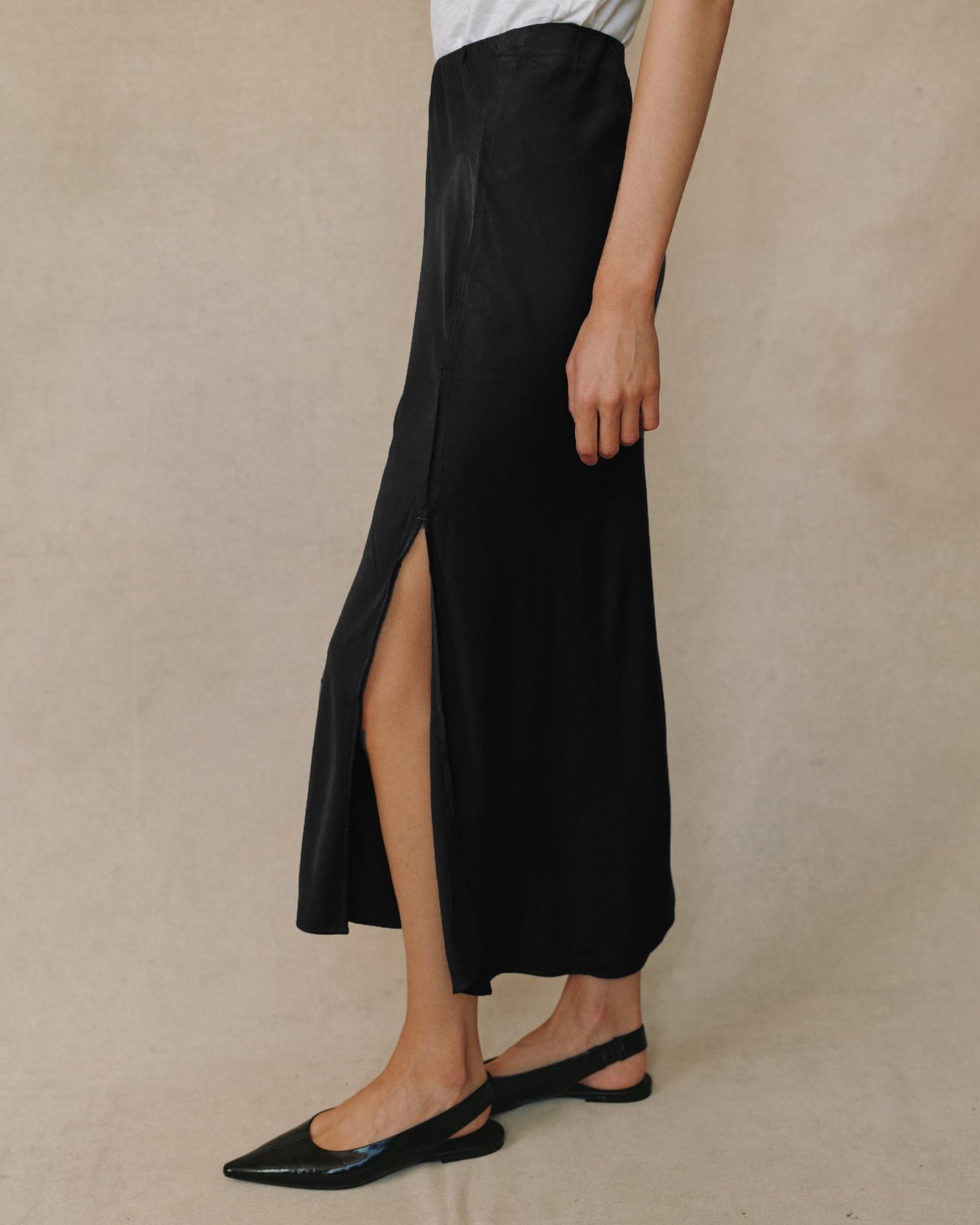 Print Your PostSatin Side Slit Bias Maxi Skirt - BlackSkirts