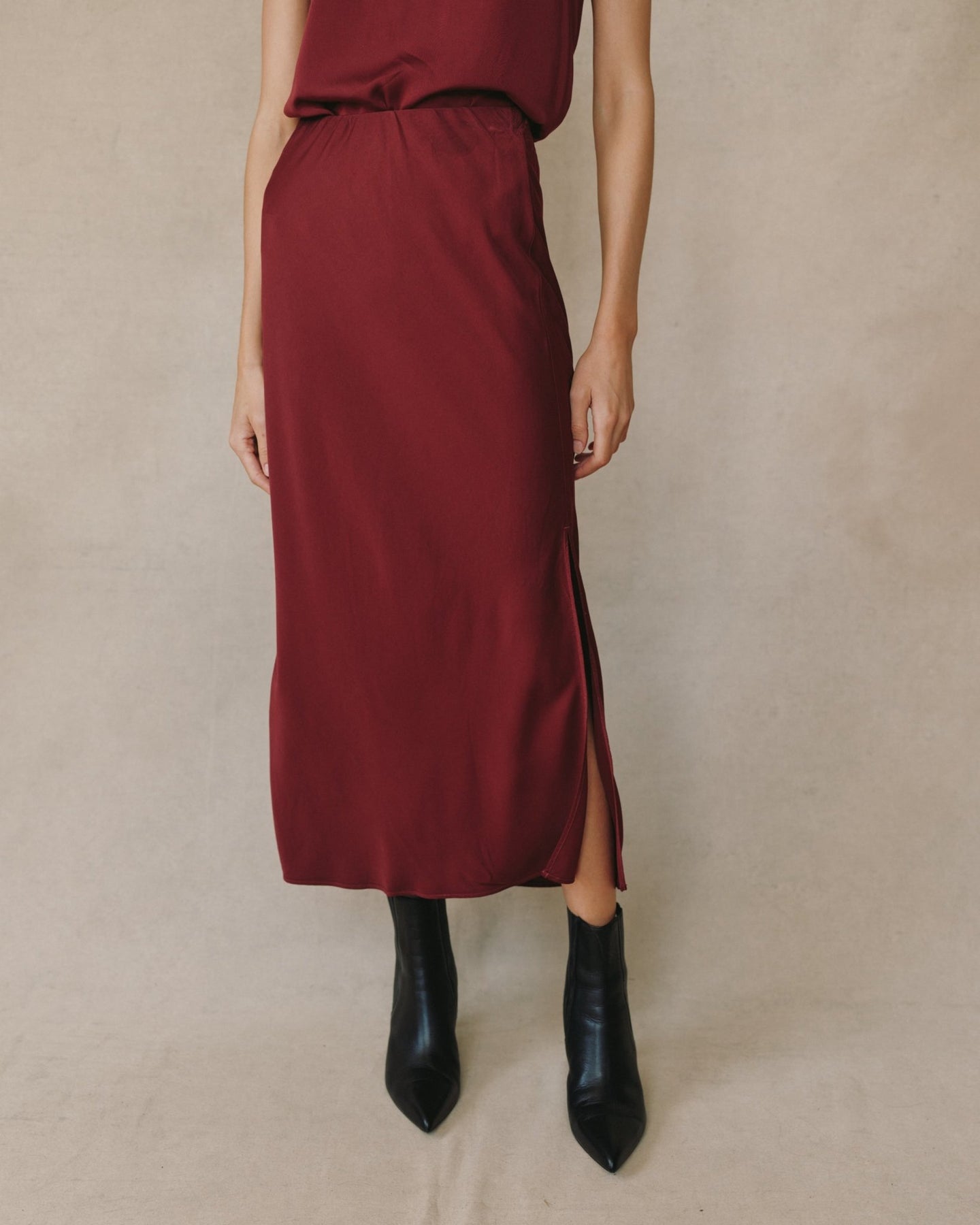 Print Your PostSatin Side Slit Bias Maxi Skirt - Deep PlumSkirts