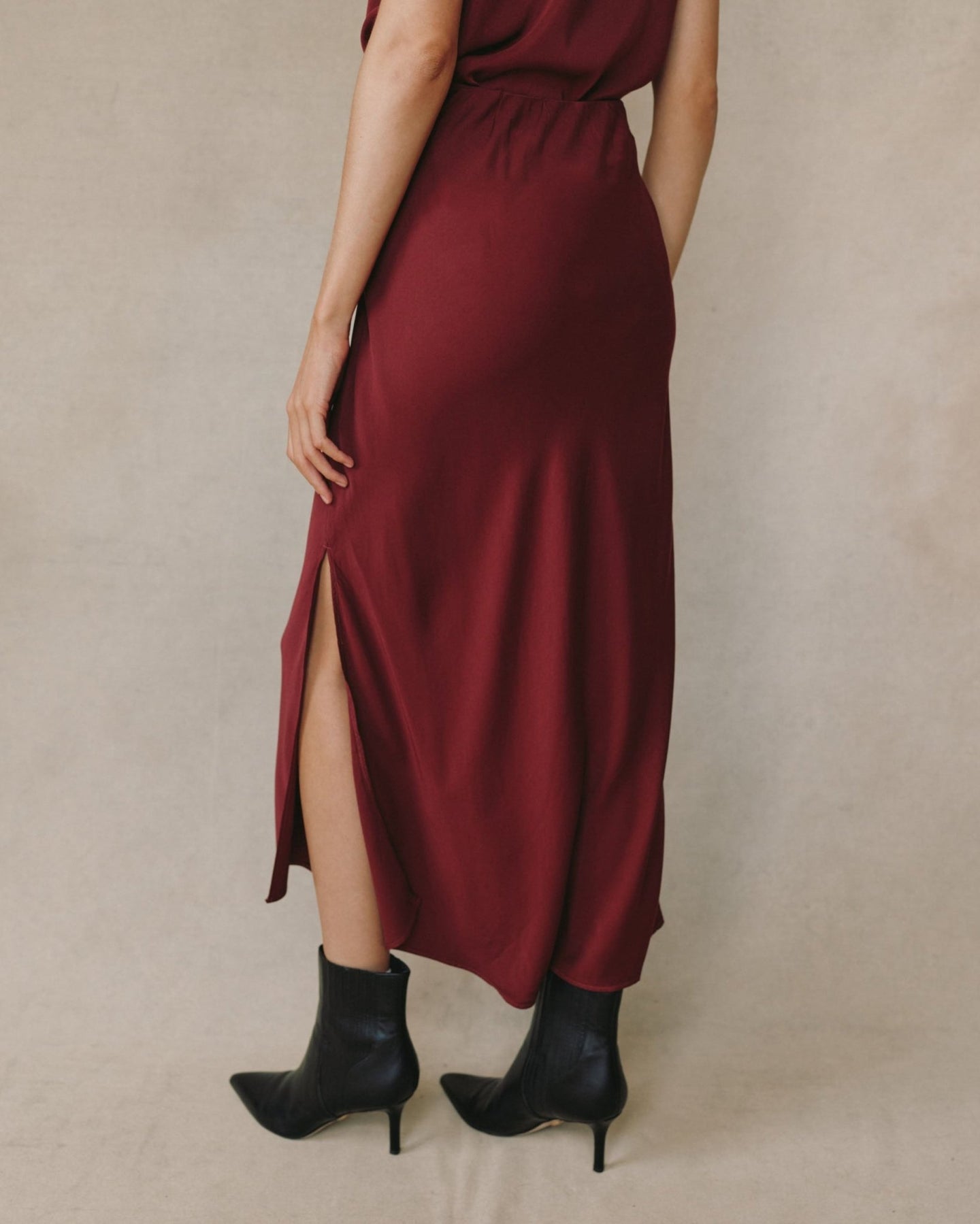 Print Your PostSatin Side Slit Bias Maxi Skirt - Deep PlumSkirts