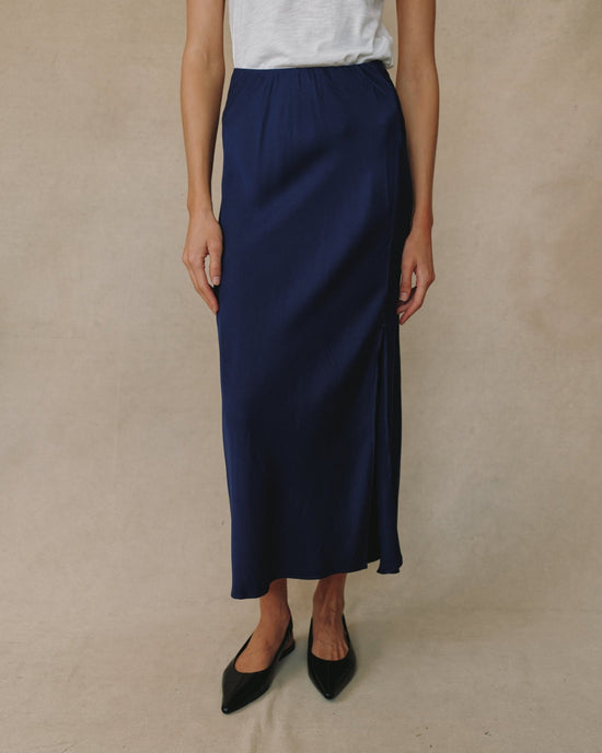 Print Your Post Satin Side Slit Bias Maxi Skirt - Eclipse Blue View 2