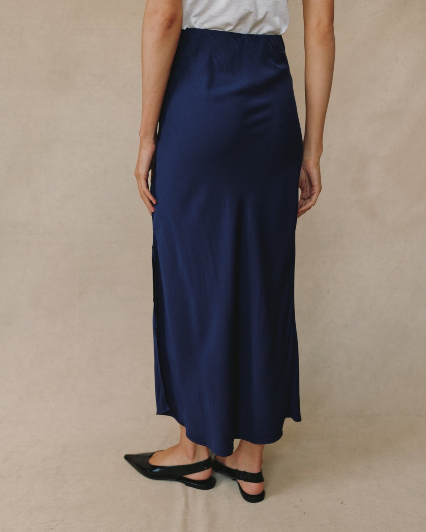 Print Your PostSatin Side Slit Bias Maxi Skirt - Eclipse BlueSkirts