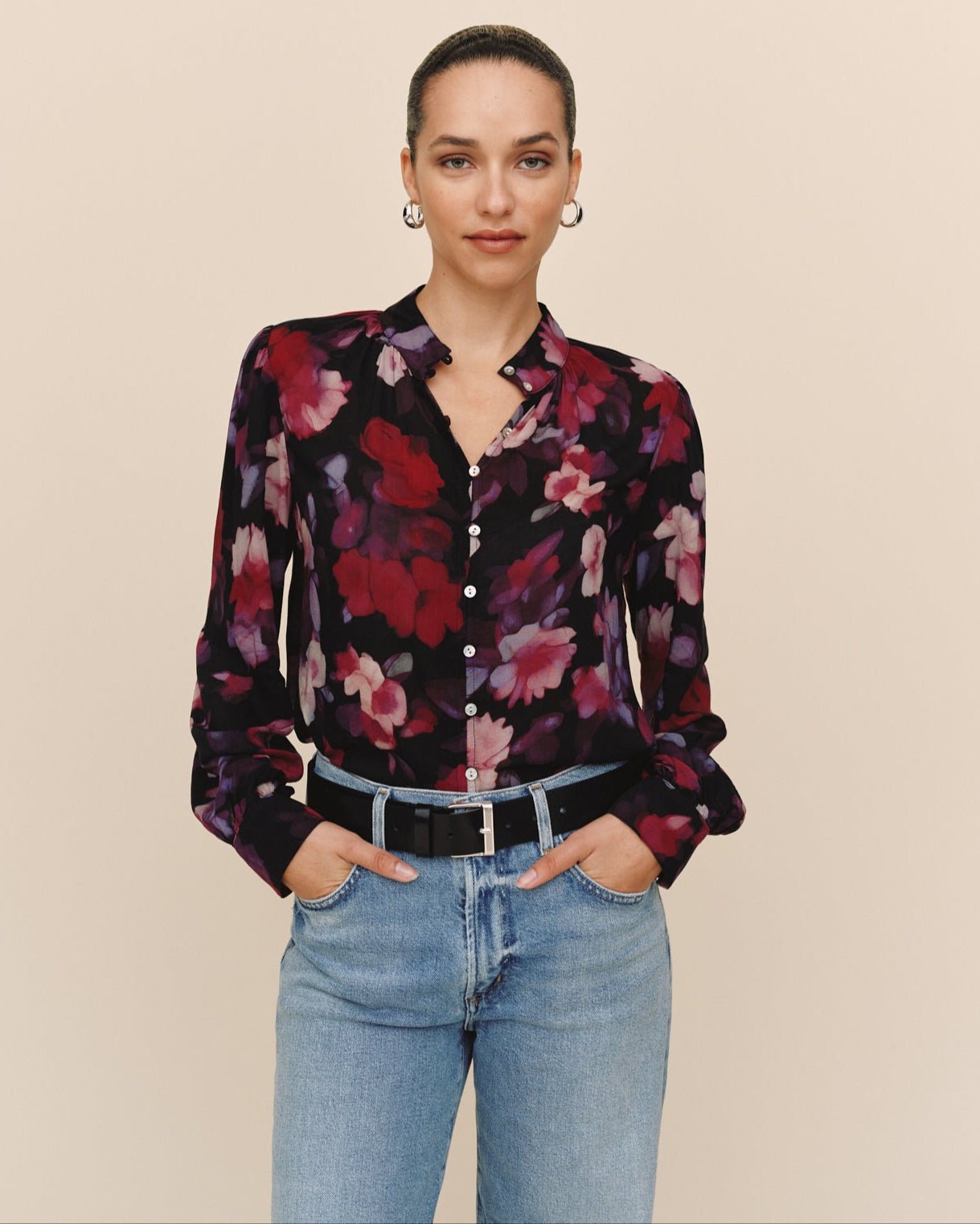 Print Your PostShirred Button Up Blouse - Berry Bloom PrintTops
