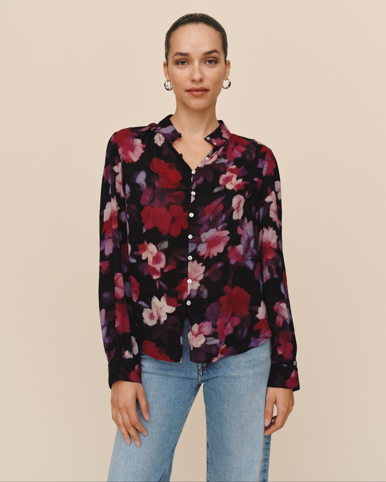 Print Your PostShirred Button Up Blouse - Berry Bloom PrintTops