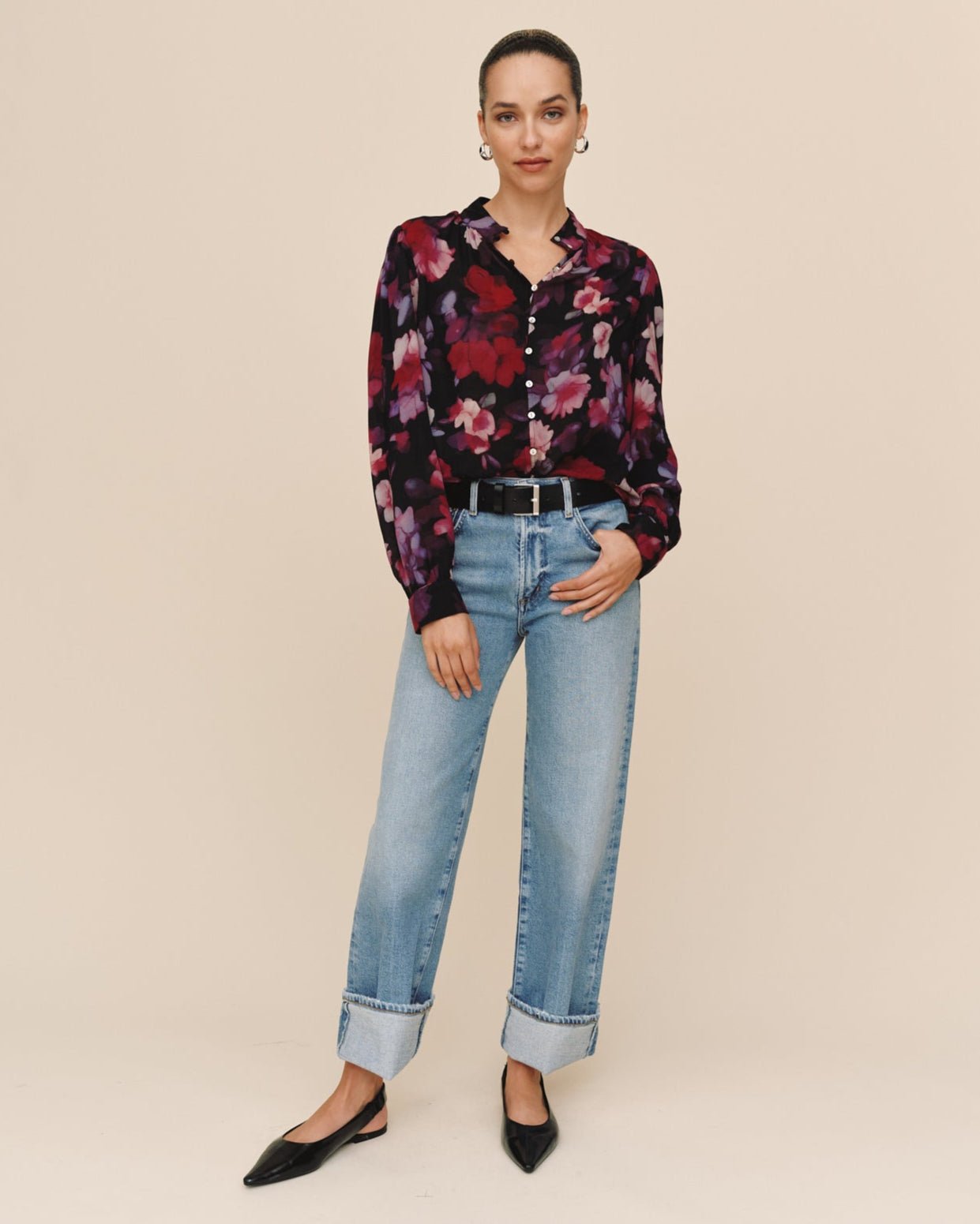 Print Your PostShirred Button Up Blouse - Berry Bloom PrintTops
