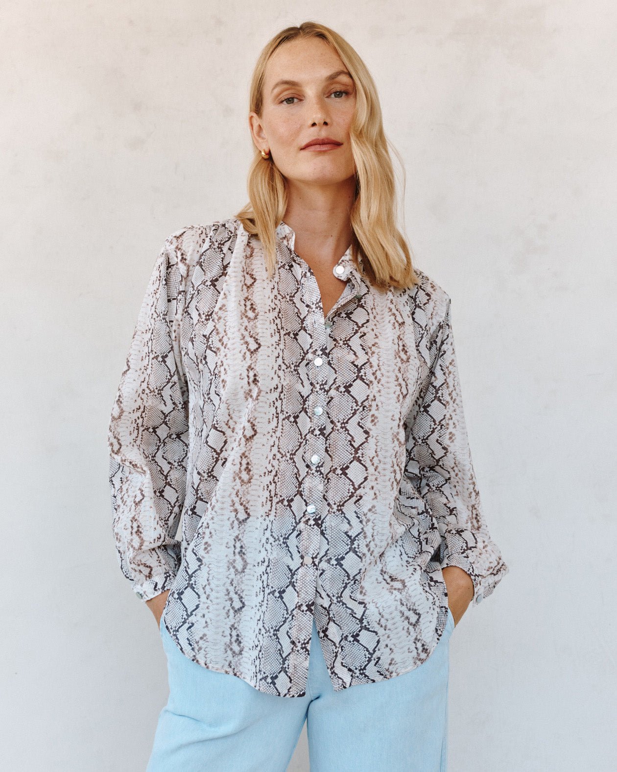 Print Your PostShirred Mandarin Collar Shirt - Blush Snake PrintTops