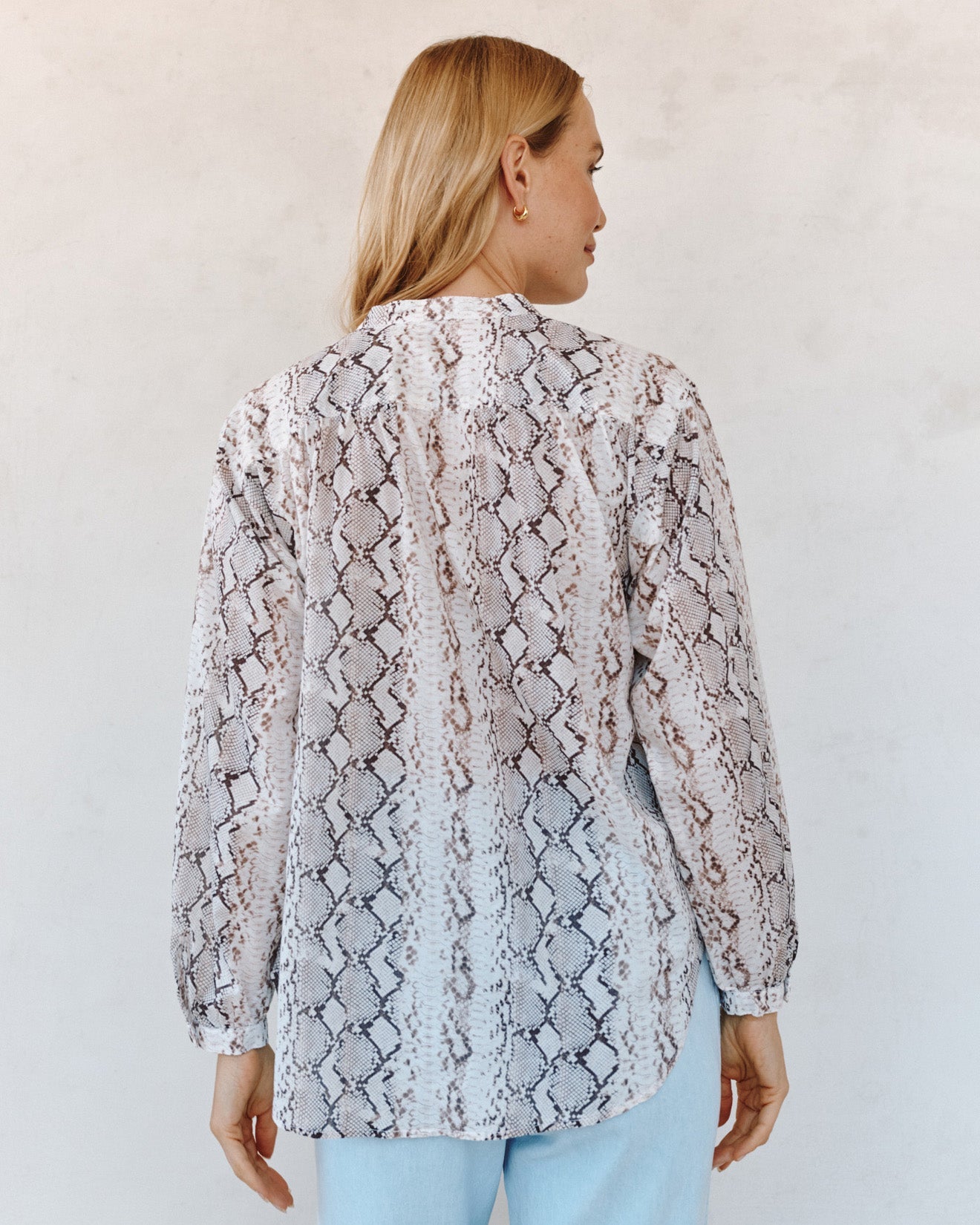 Print Your PostShirred Mandarin Collar Shirt - Blush Snake PrintTops