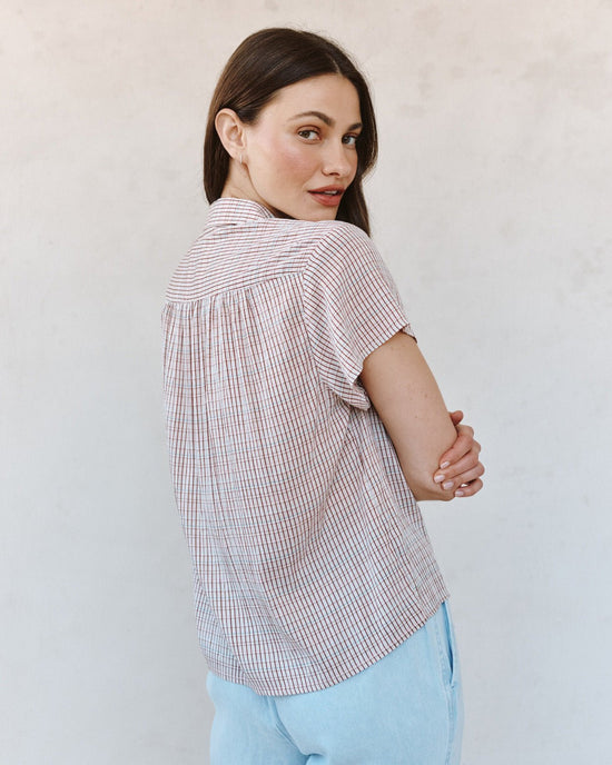 Print Your Post Shirred Short Sleeve Shirt - Sunwashed Check