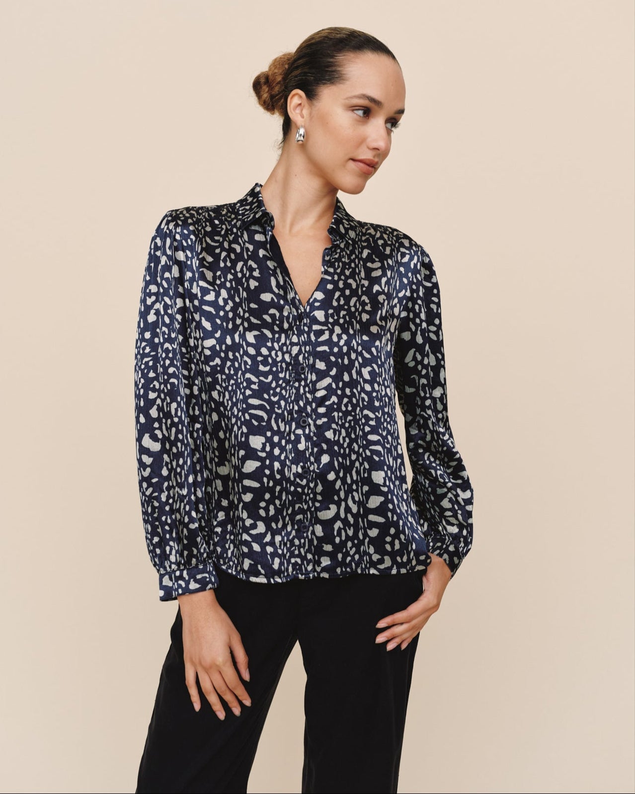 Print Your PostShirred Shoulder Button Down - Arctic Animal PrintTops