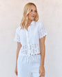 Print Your PostShort Sleeve Embroidered Button Down - WhiteTops