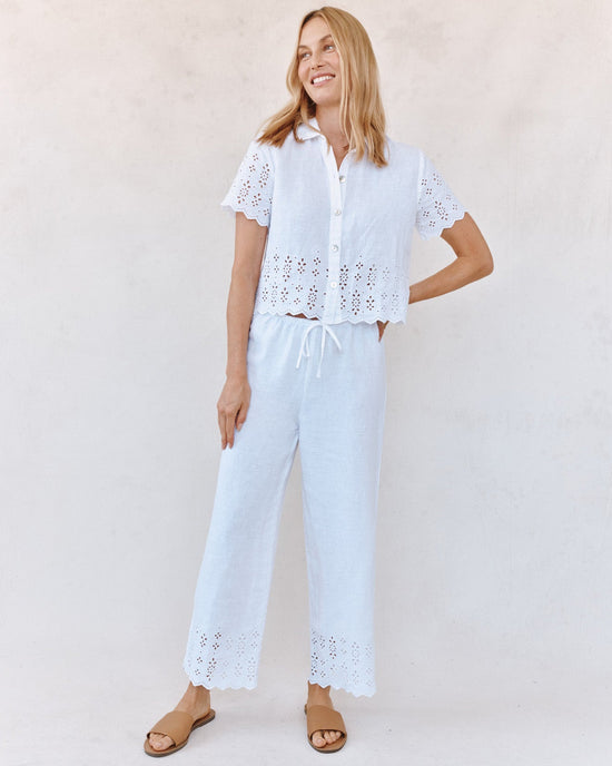 Print Your Post Short Sleeve Embroidered Button Down - White