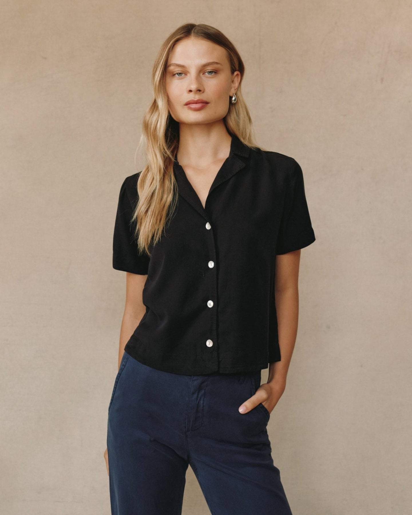 Print Your PostShort Sleeve Flowy Button Down - BlackTops