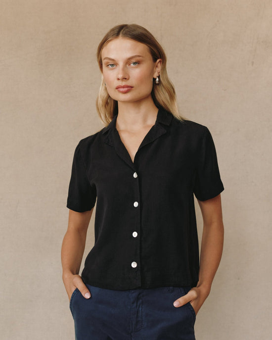 Print Your Post Short Sleeve Flowy Button Down - Black View 2