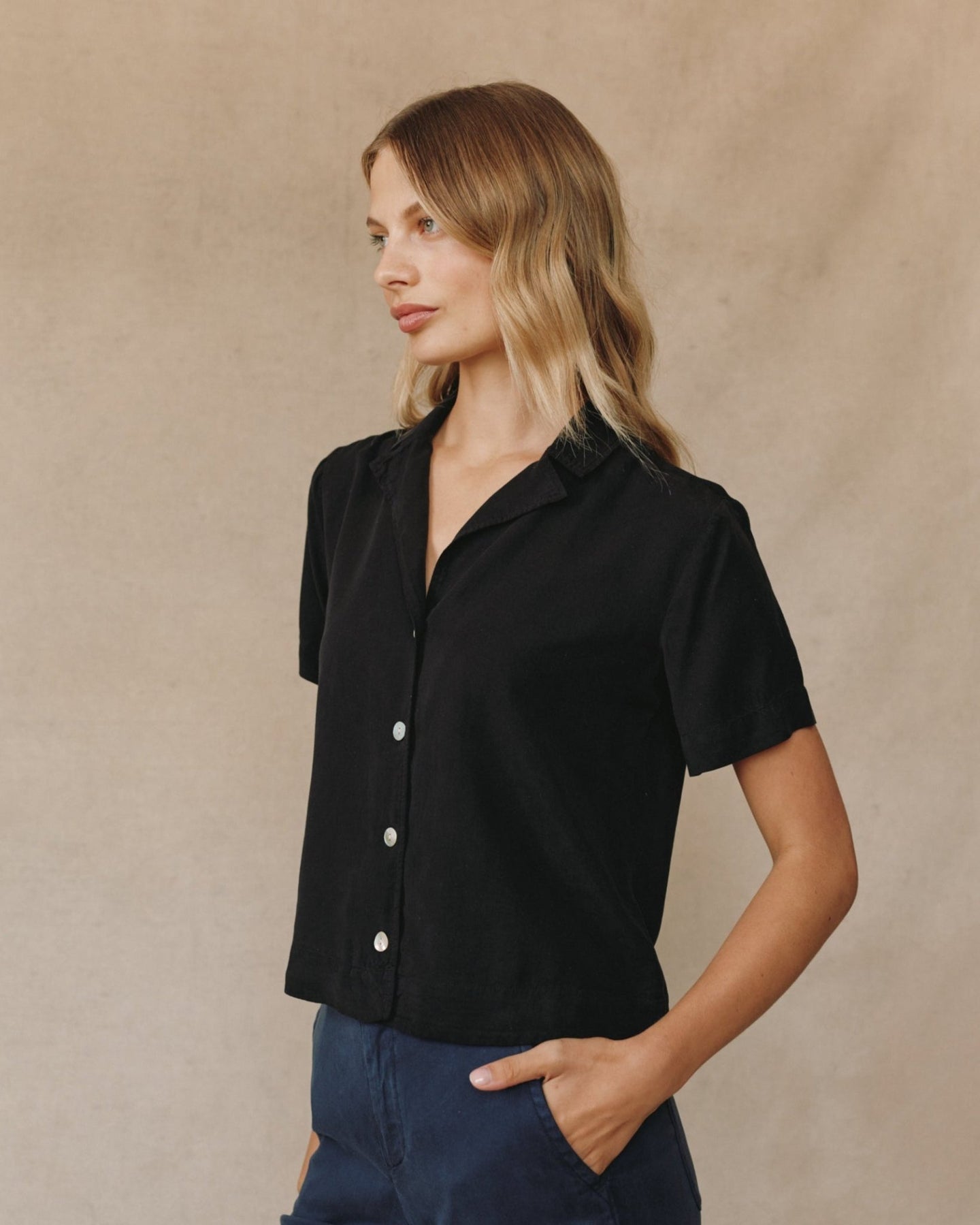 Print Your PostShort Sleeve Flowy Button Down - BlackTops
