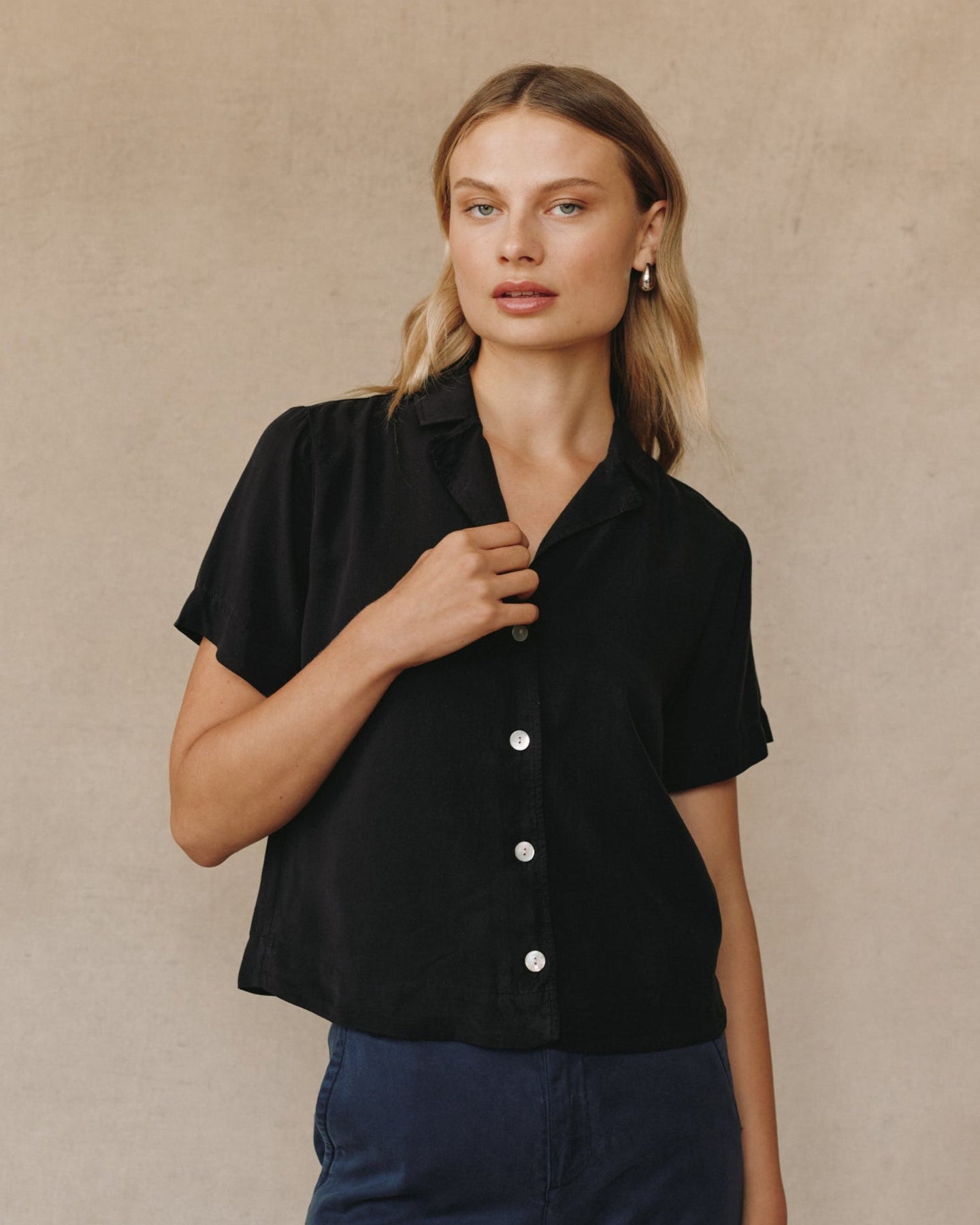 Print Your PostShort Sleeve Flowy Button Down - BlackTops