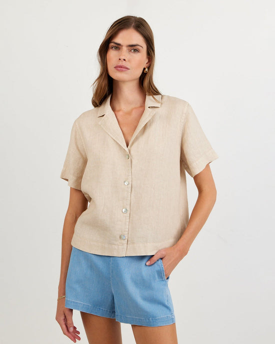 Print Your Post Short Sleeve Flowy Button Down - Linen Sand