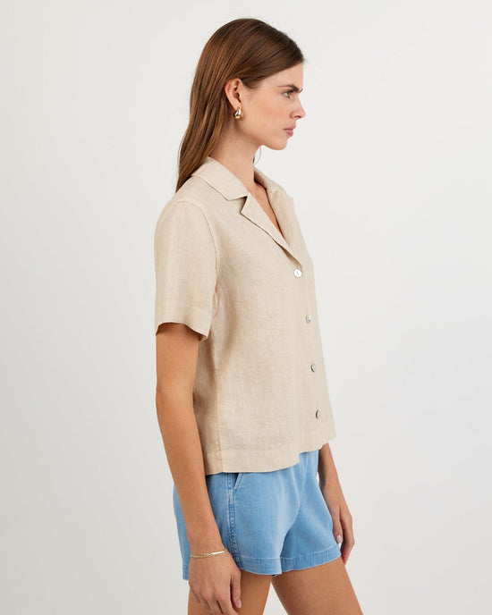 Print Your Post Short Sleeve Flowy Button Down - Linen Sand View 2