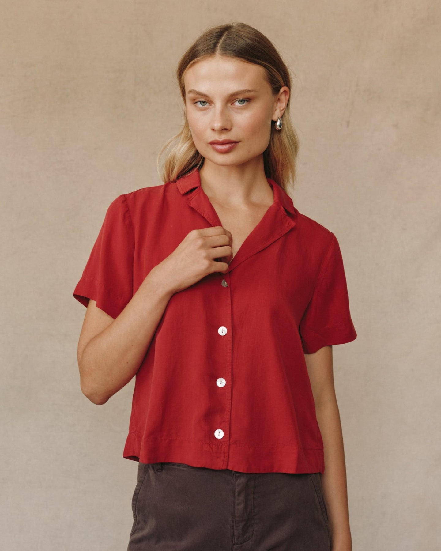 Print Your PostShort Sleeve Flowy Button Down - Ruby RedTops