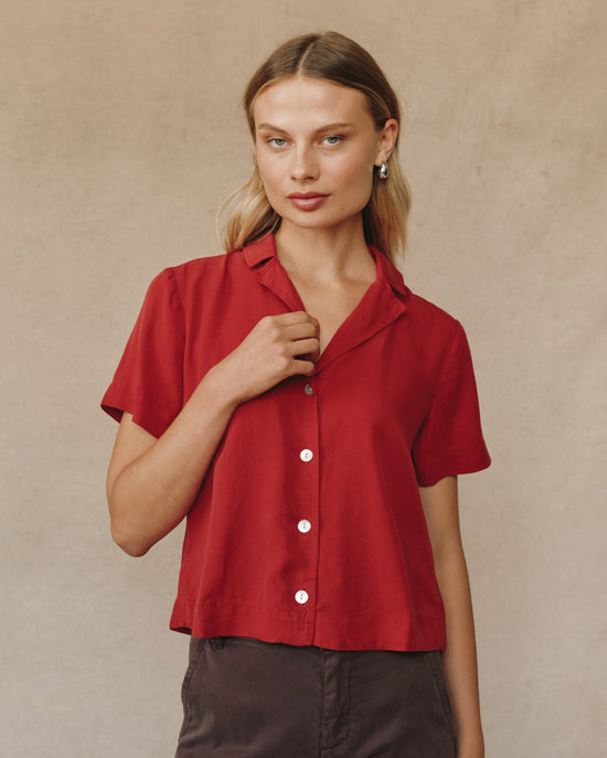 Print Your Post Short Sleeve Flowy Button Down - Ruby Red