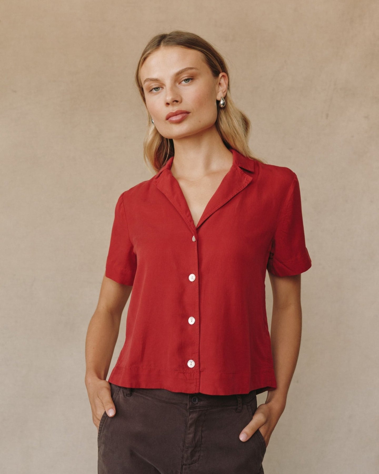 Print Your PostShort Sleeve Flowy Button Down - Ruby RedTops