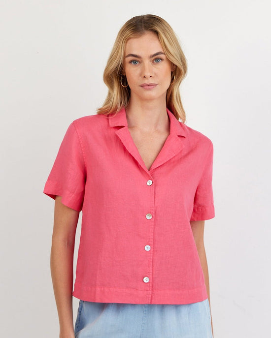 Print Your Post Short Sleeve Flowy Button Down - Spiced Hibiscus