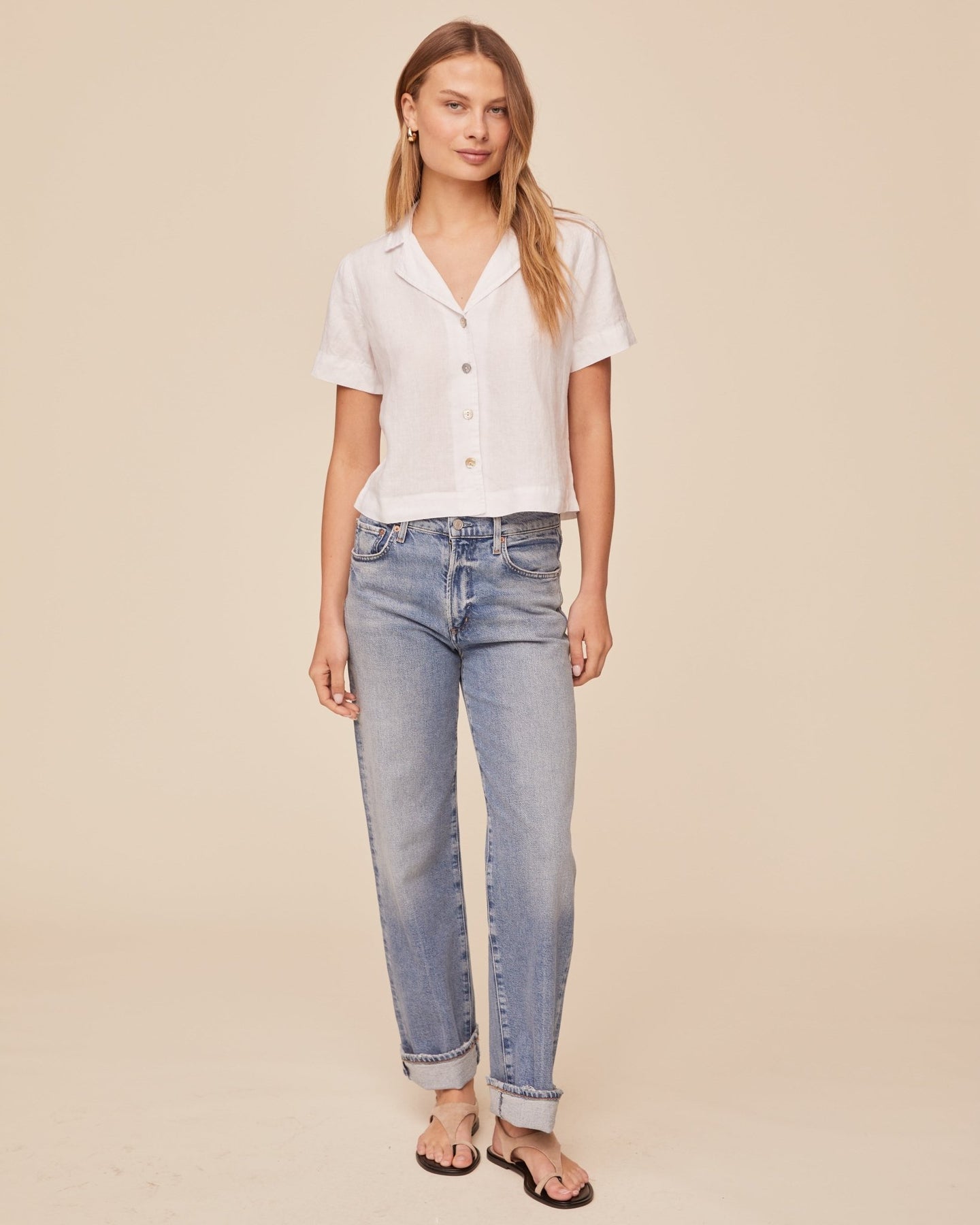 Print Your PostShort Sleeve Flowy Button Down - WhiteTops