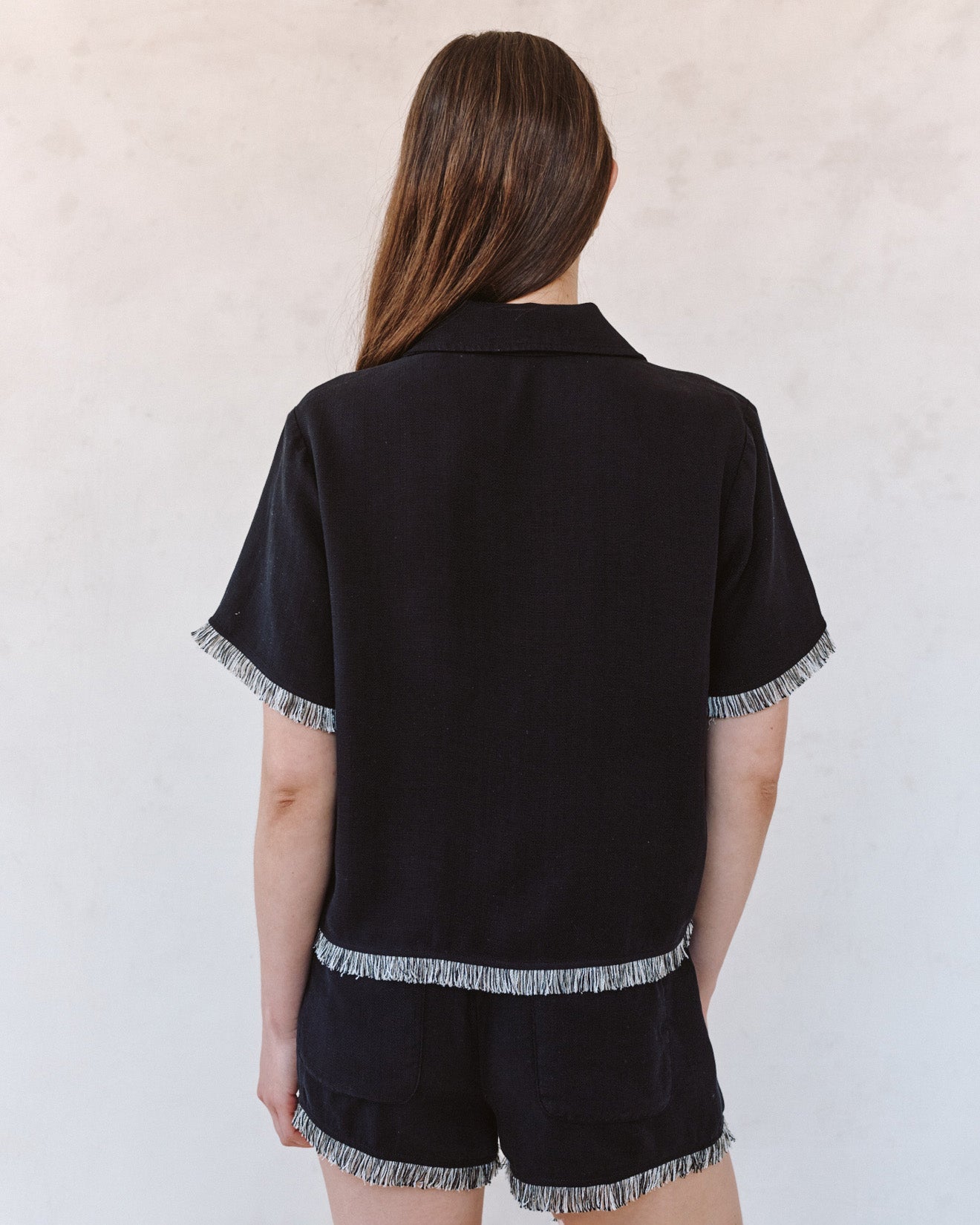 Print Your PostShort Sleeve Fray Trim Shirt - BlackTops