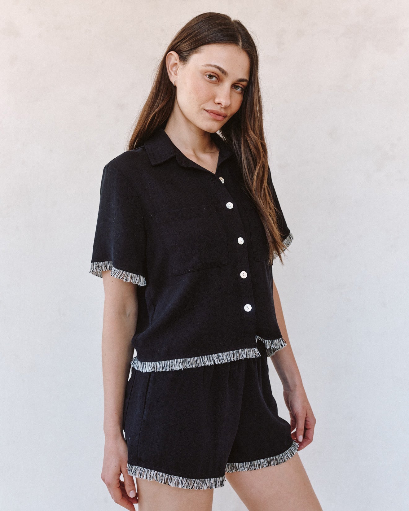 Print Your PostShort Sleeve Fray Trim Shirt - BlackTops