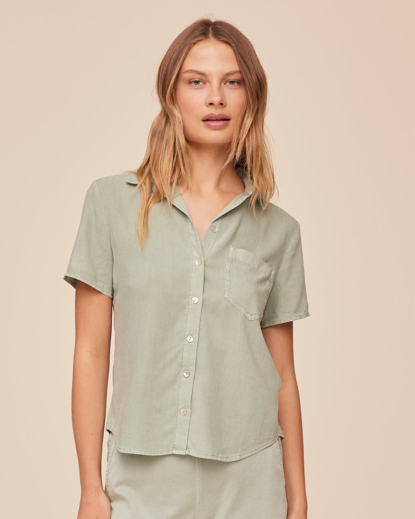 Print Your PostShort Sleeve Pocket Button Down - Oasis GreenTops