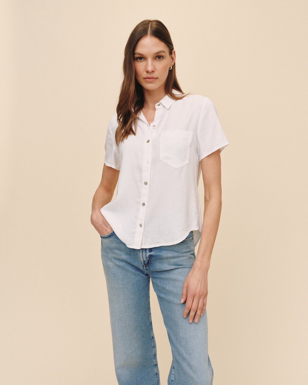 Print Your PostShort Sleeve Pocket Button Down - WhiteTops