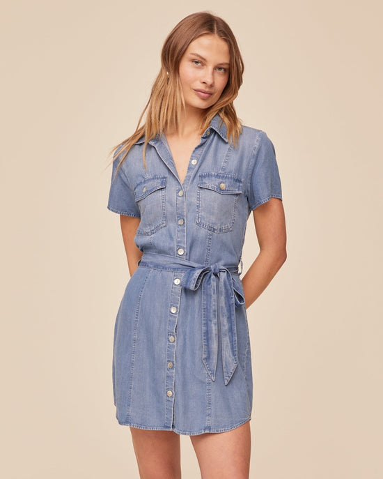 Print Your Post Short Sleeve Seamed Shirt Dress - Indigo Harbor Wash
