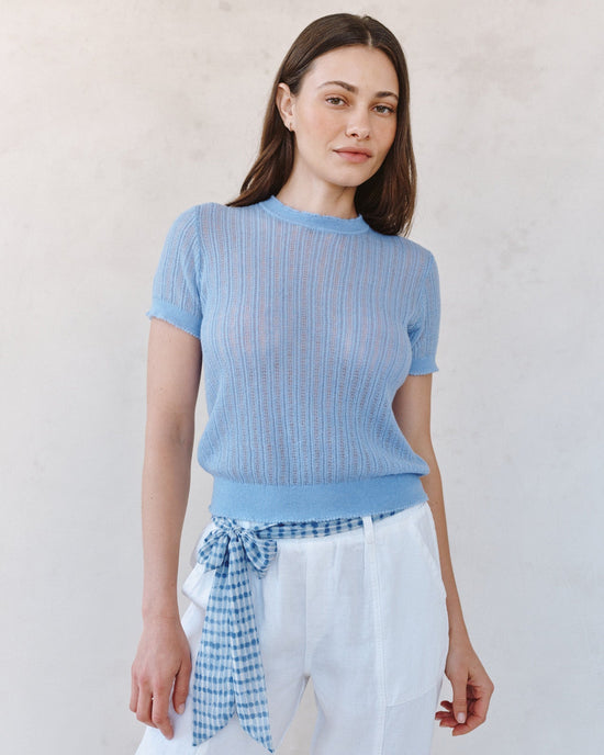Print Your Post Short Sleeve Sweater Top - Soft Blue View 2