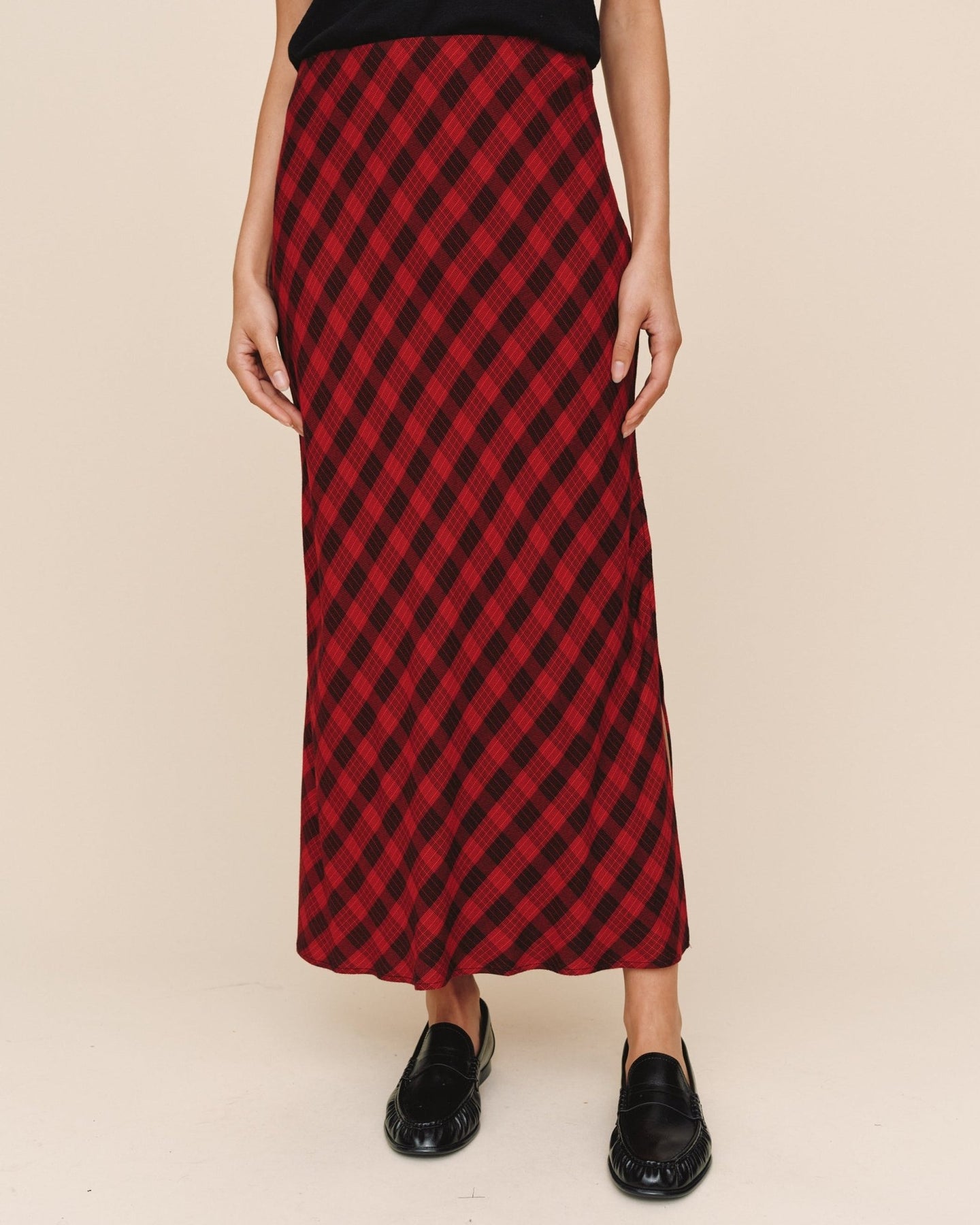 Print Your PostSide Slit Bias Maxi Skirt - Red & Black CheckSkirts