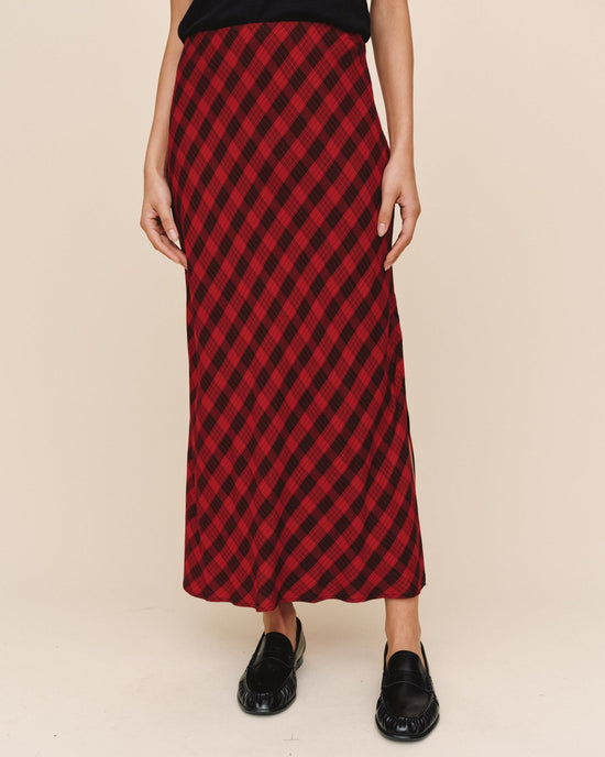 Print Your Post Side Slit Bias Maxi Skirt - Red & Black Check