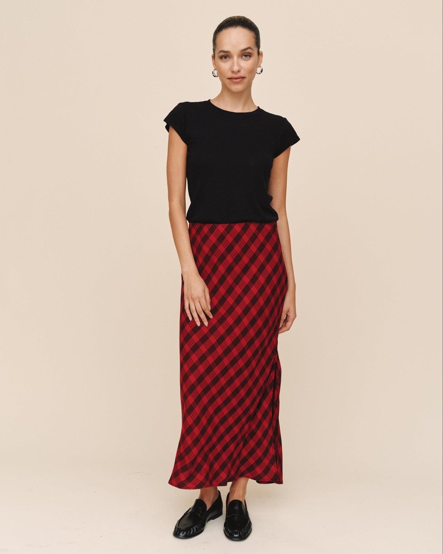 Print Your PostSide Slit Bias Maxi Skirt - Red & Black CheckSkirts