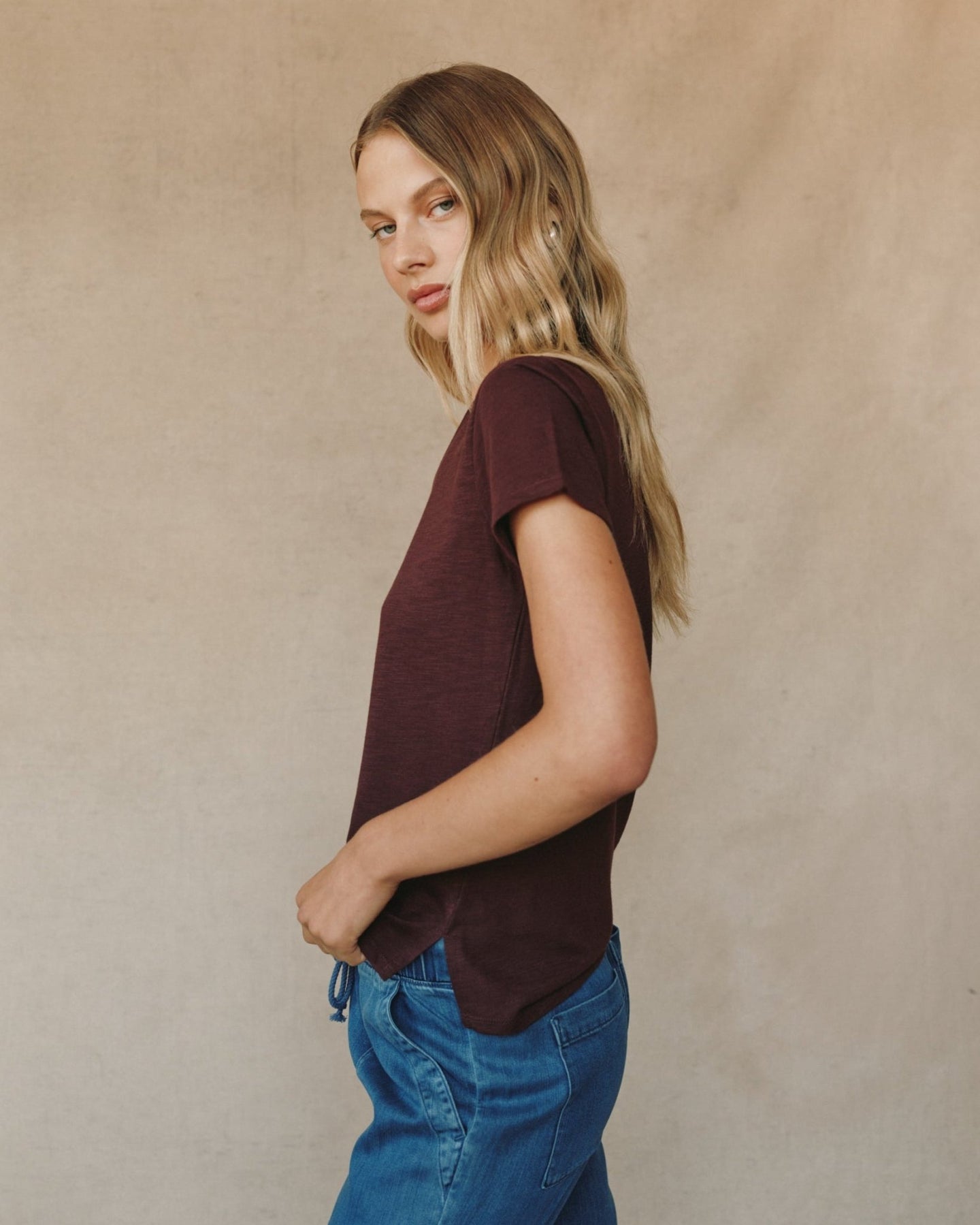 Print Your PostSide Slit V Neck Tee - Pinot NoirTops