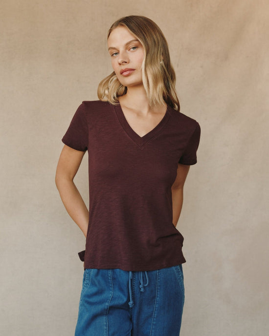 Print Your Post Side Slit V Neck Tee - Pinot Noir View 2