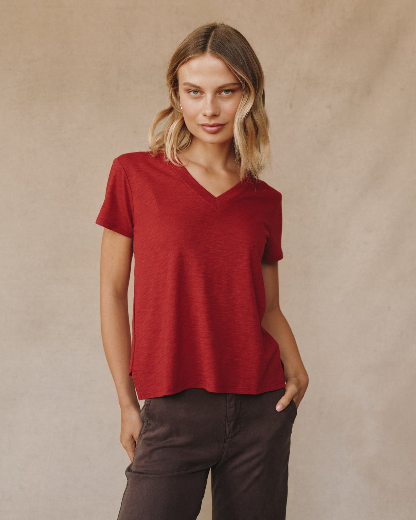 Print Your PostSide Slit V Neck Tee - Ruby RedTops