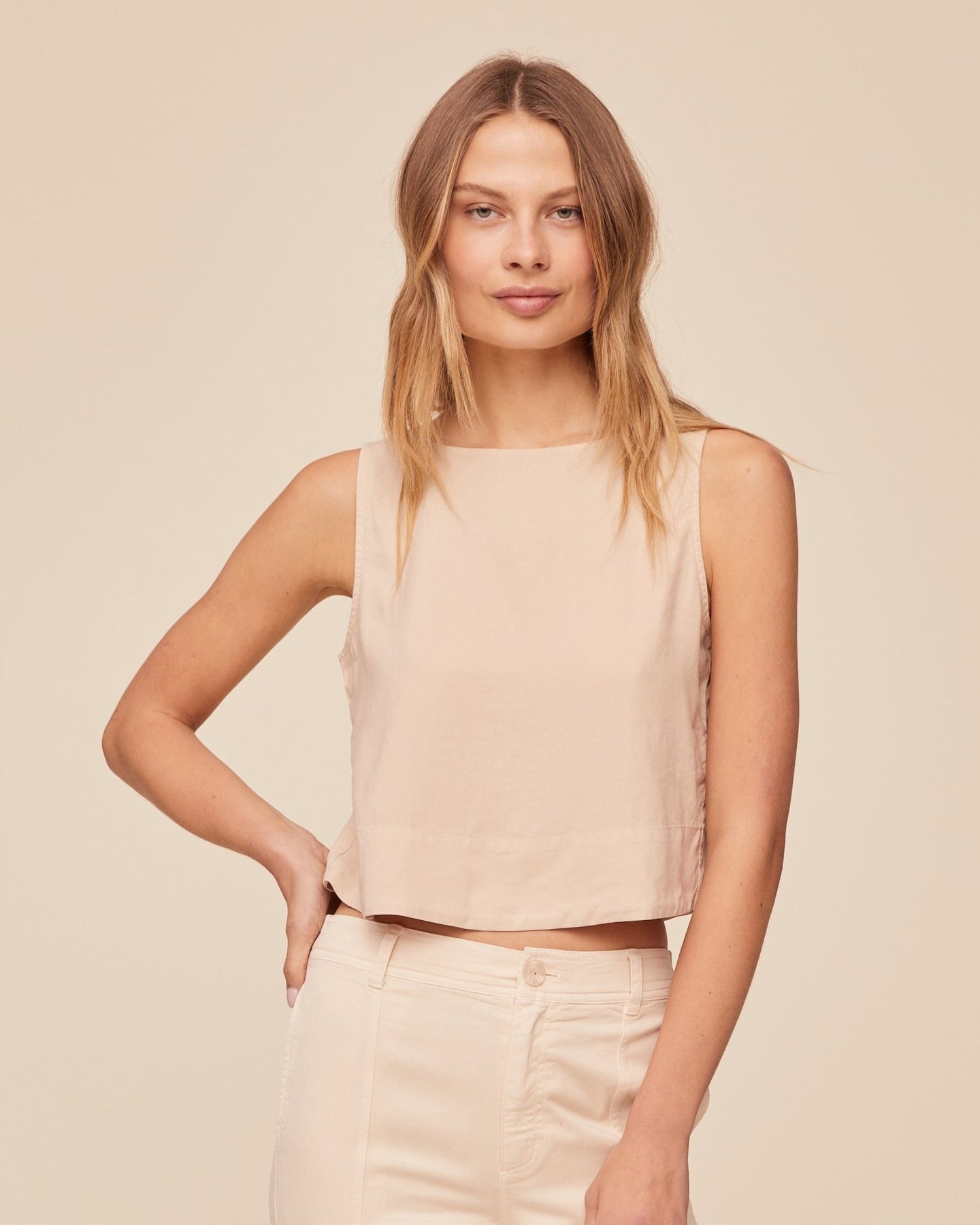 Print Your PostSleeveless Boat Neck Split Back - Linen SandTops