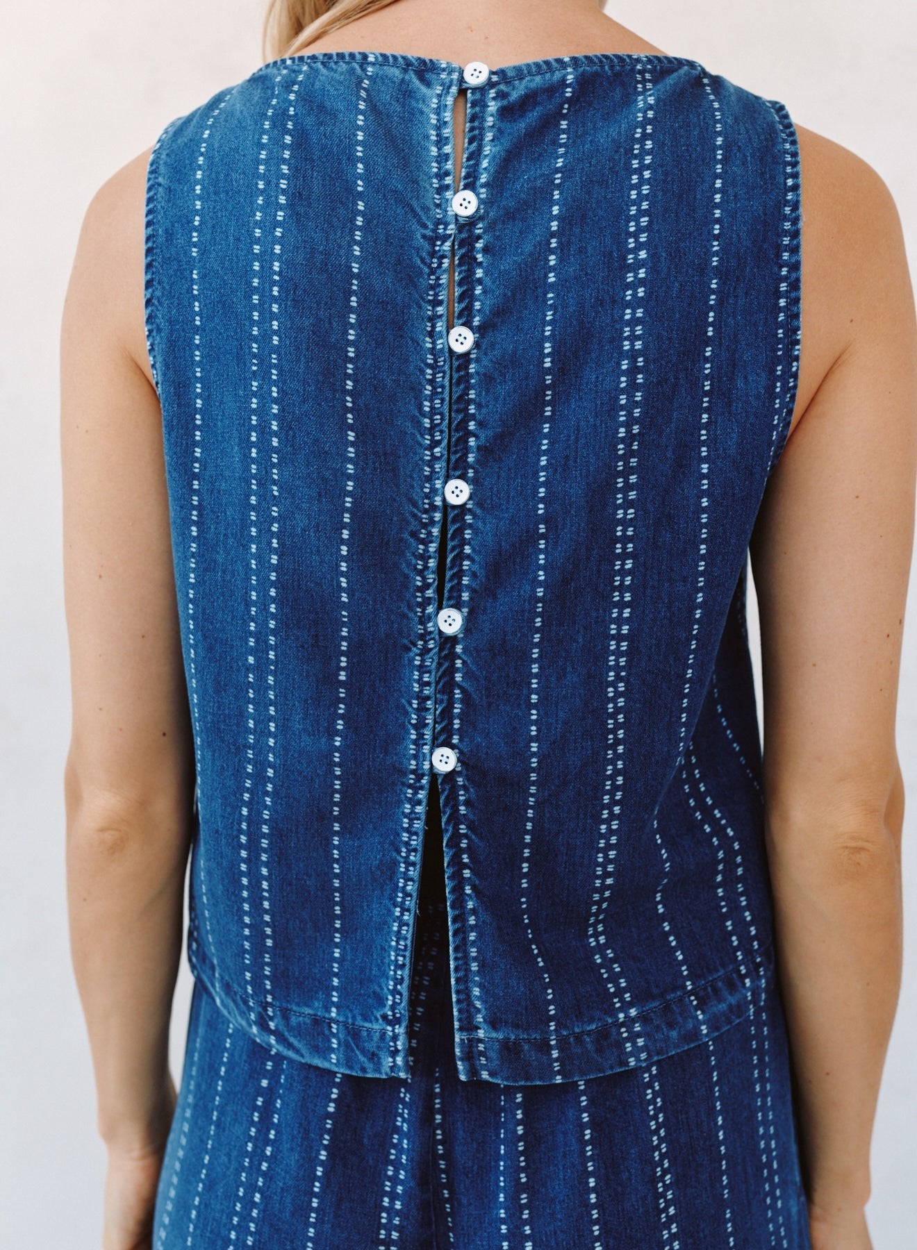 Print Your PostSleeveless Button Back Top - Indigo StipeTops