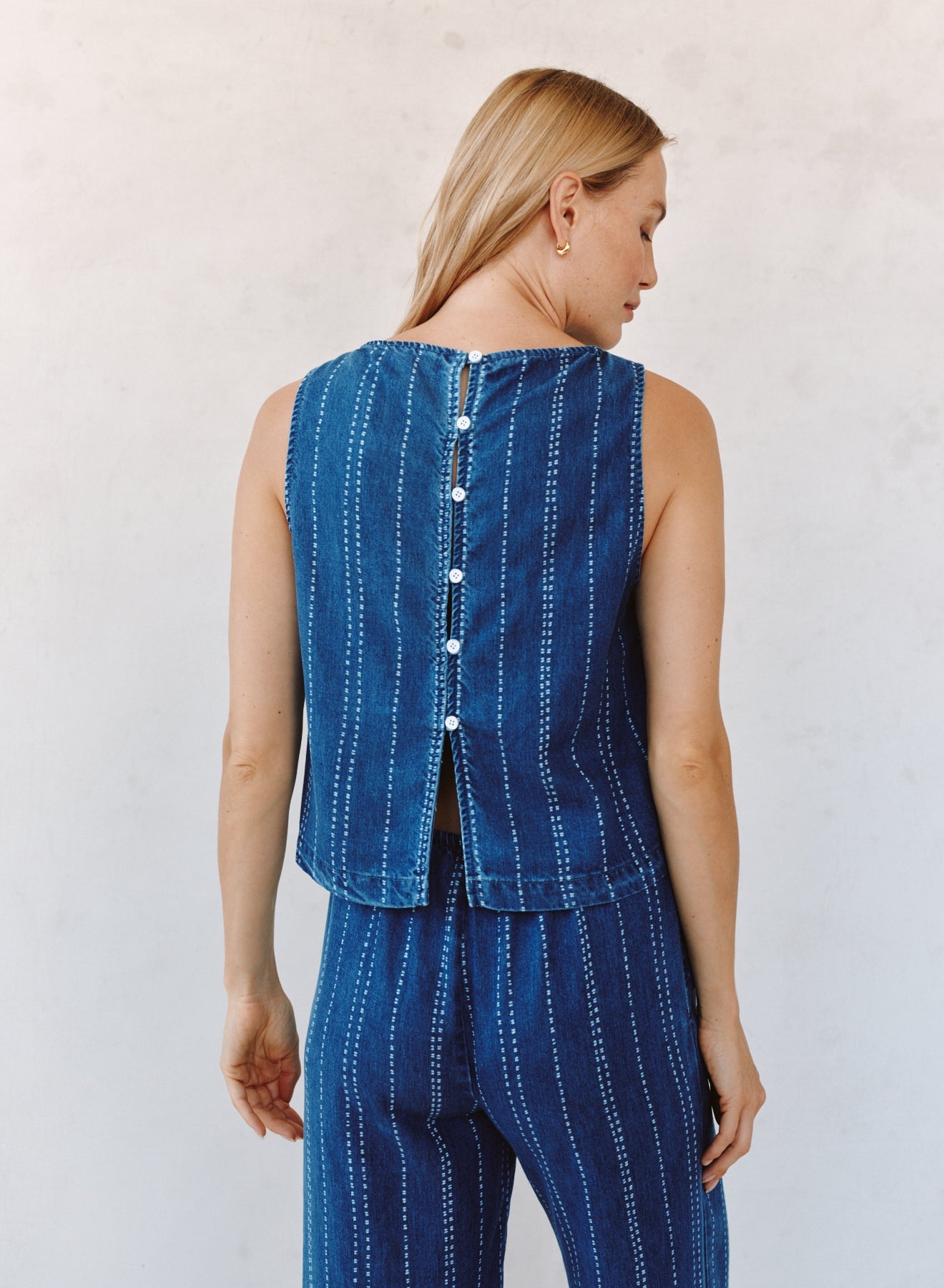 Print Your PostSleeveless Button Back Top - Indigo StipeTops