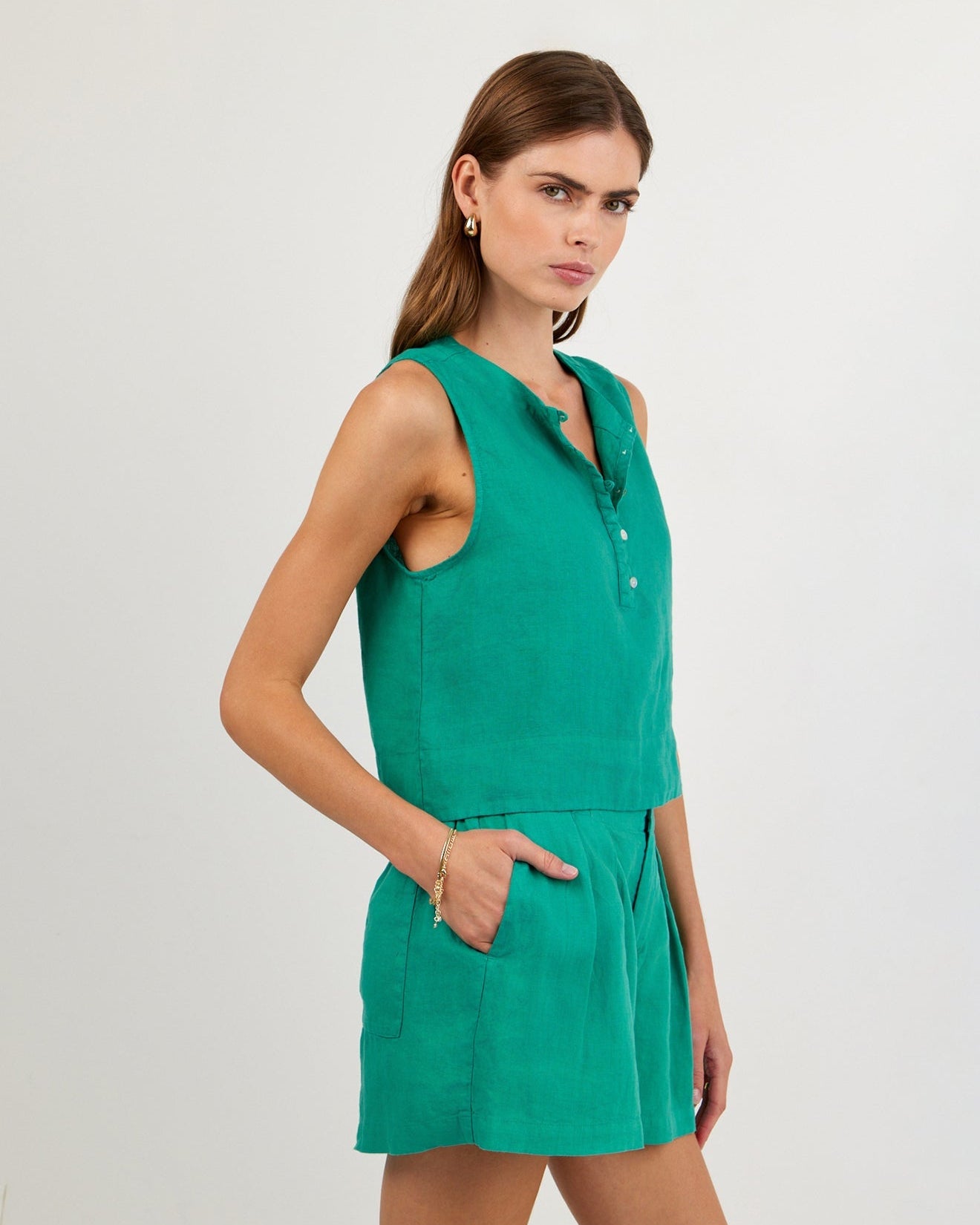 Print Your PostSleeveless Half Placket Top - Aqua GreenTops