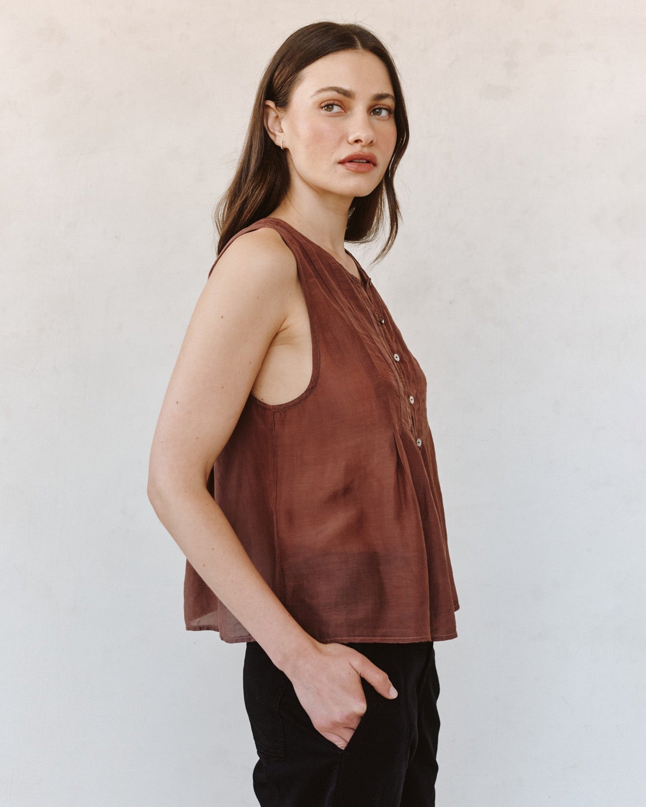 Print Your PostSleeveless Pintuck Pullover - Mocha CloudTops