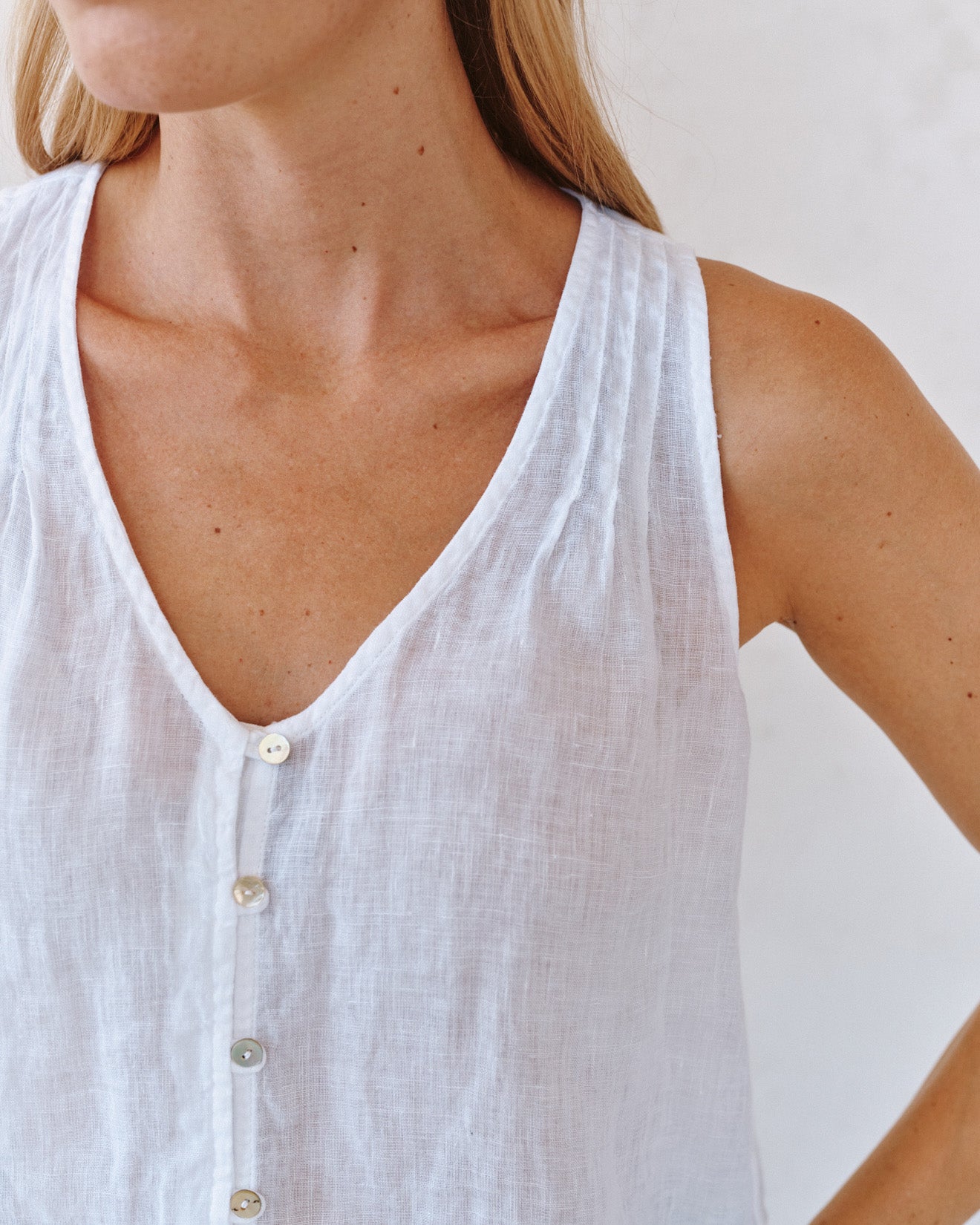 Print Your PostSleeveless Pintuck V Neck Top - WhiteTops