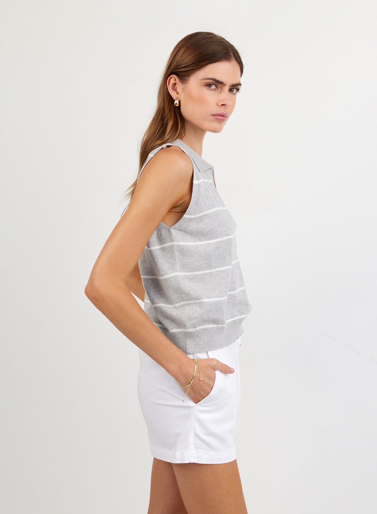 Print Your PostSleeveless Placket Pullover - Sea Mist StripeTops