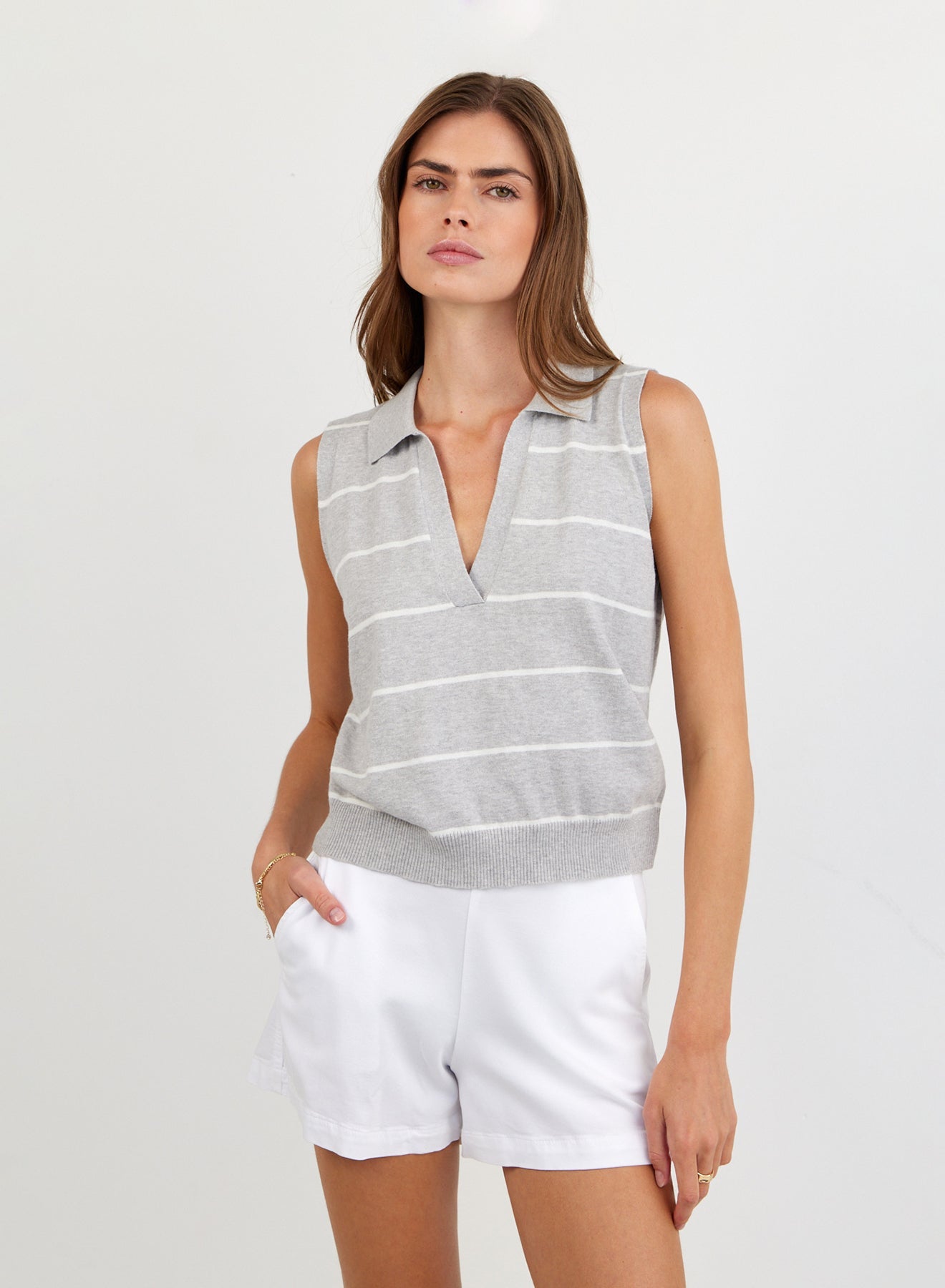 Print Your PostSleeveless Placket Pullover - Sea Mist StripeTops