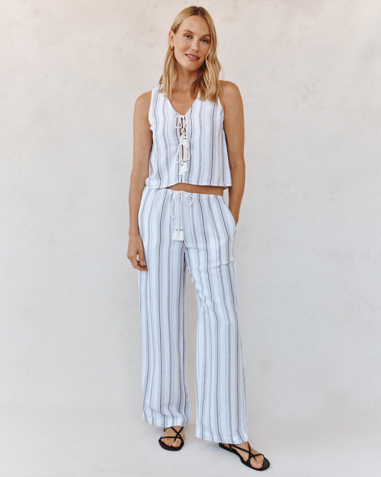 Print Your PostSleeveless Tie Front Top - Rosewood StripeTops