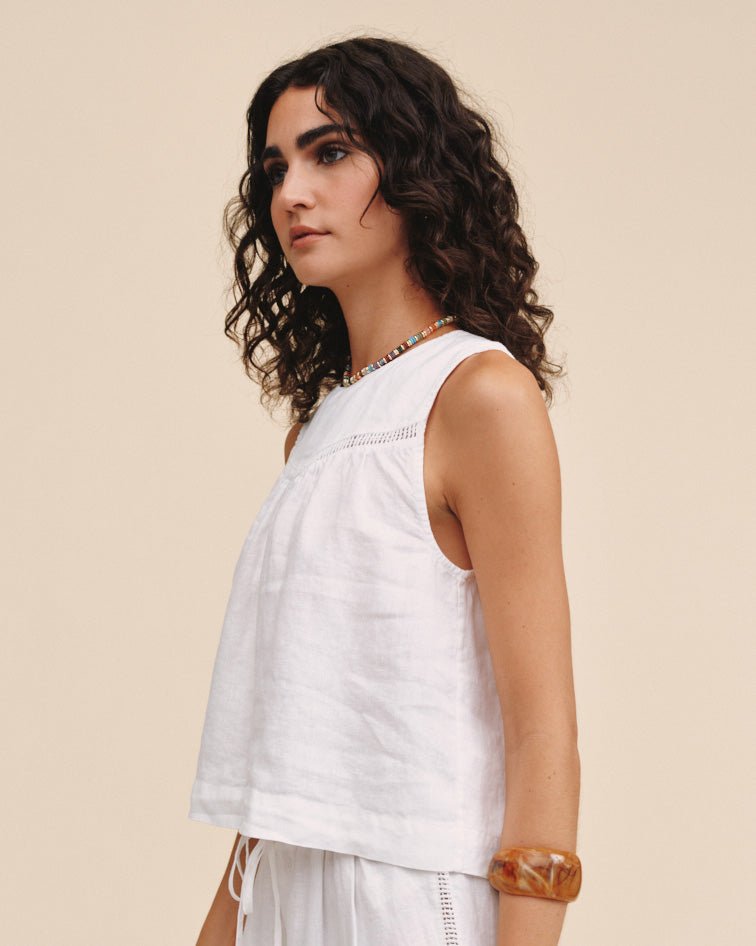 Print Your PostSleeveless Trimmed Yoke Seam Top - WhiteTops