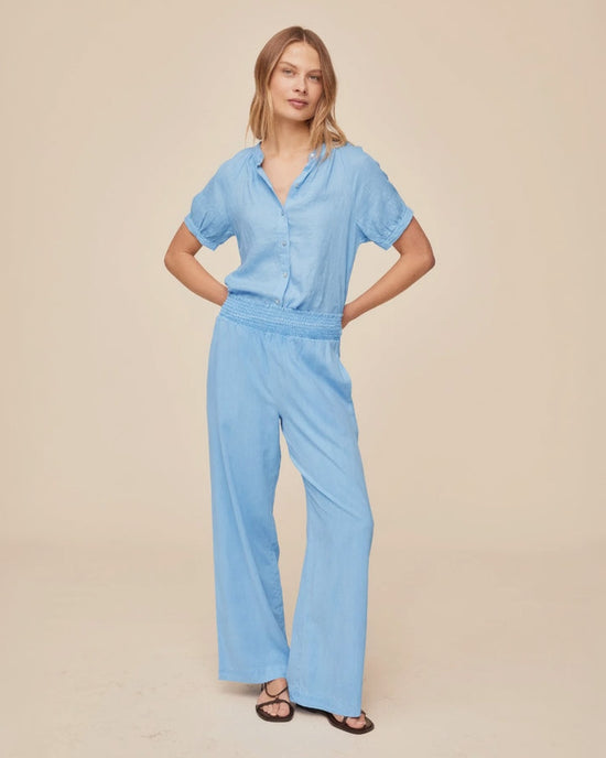 Print Your Post Smocked Waist Wide Leg - Tidal Blue