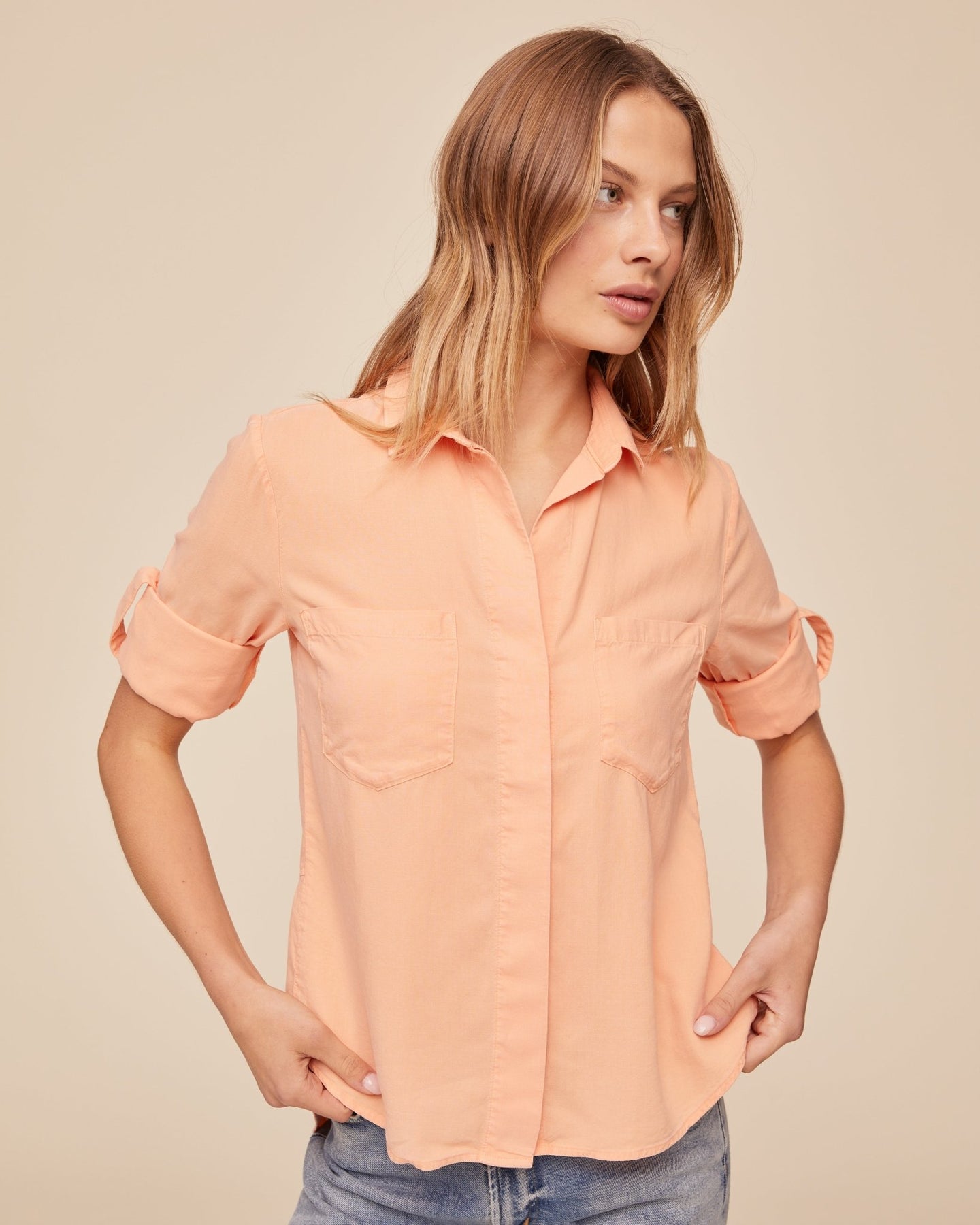 Print Your PostSplit Back Button Down - Golden BlushTops
