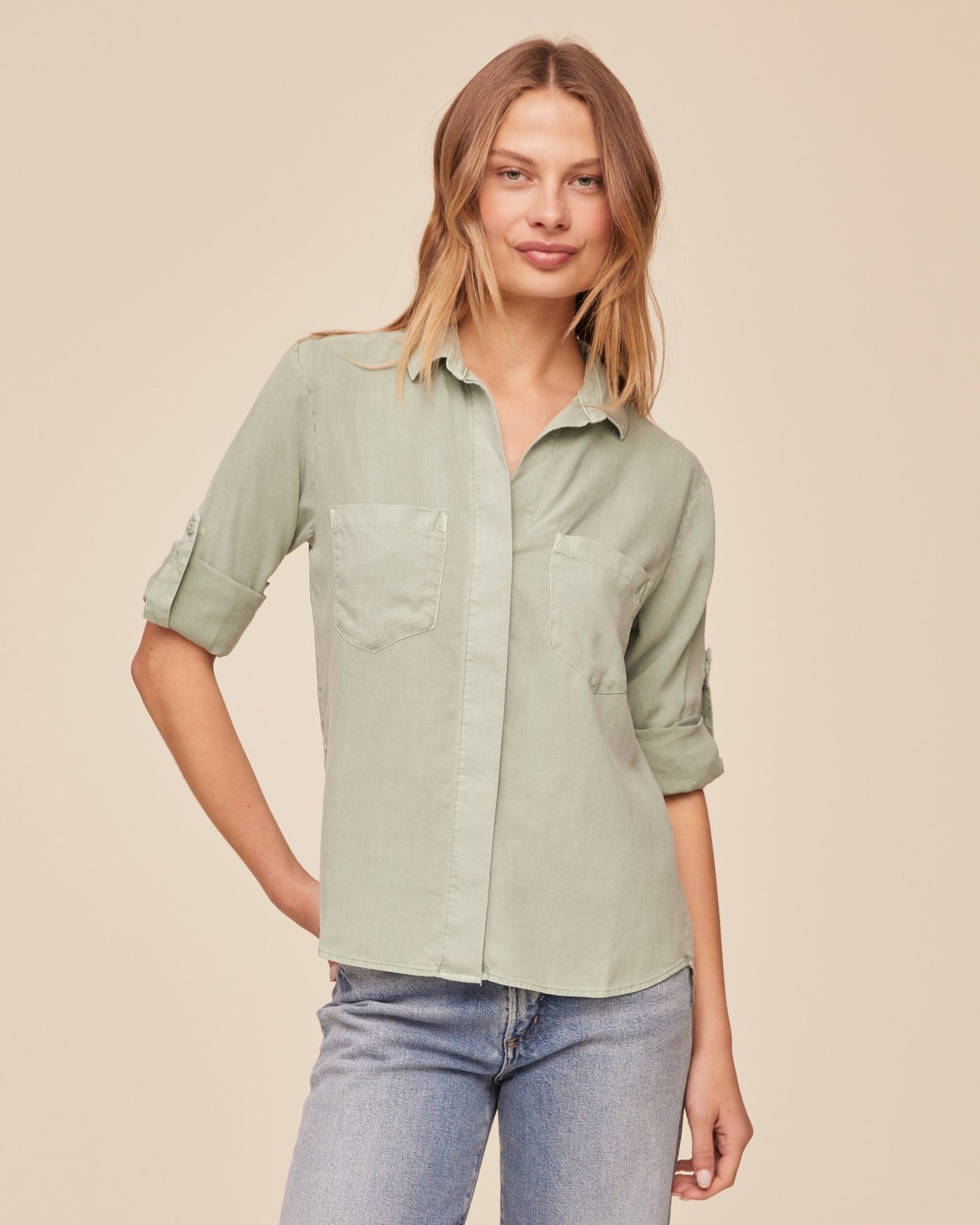 Print Your PostSplit Back Button Down - Oasis GreenTops